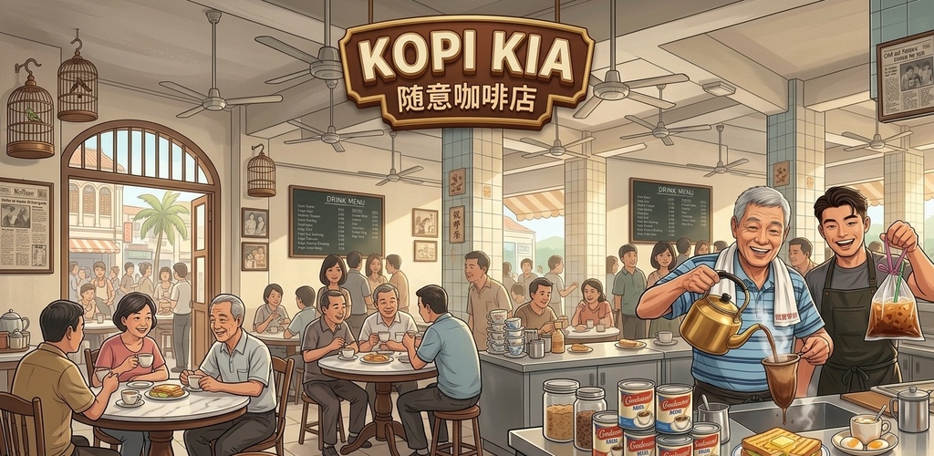 Kopi Kia cover art: a vintage Nanyang kopitiam